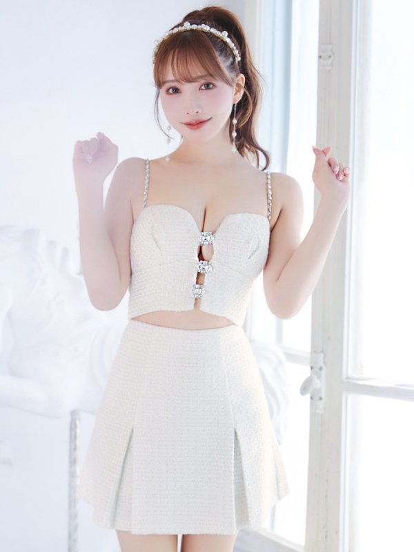 画像14: XSサイズあり【ROBE de FLEURS/ローブドフルール】フロントビジュー/ チェックツイード/ キャミソール/ セットアップ/ フレア/ ミニドレス/ キャバドレス[OF08] (14)