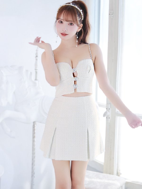 画像15: XSサイズあり【ROBE de FLEURS/ローブドフルール】フロントビジュー/ チェックツイード/ キャミソール/ セットアップ/ フレア/ ミニドレス/ キャバドレス[OF08] (15)