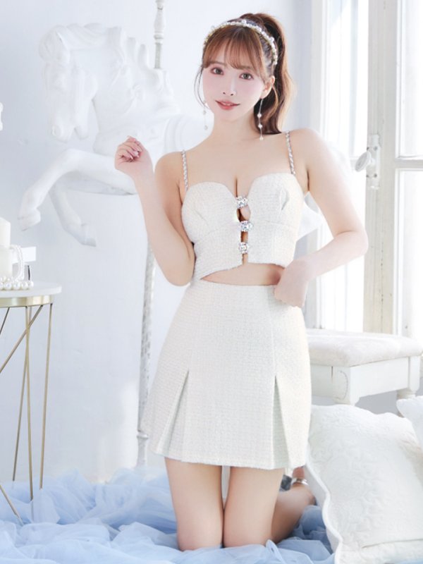 画像16: XSサイズあり【ROBE de FLEURS/ローブドフルール】フロントビジュー/ チェックツイード/ キャミソール/ セットアップ/ フレア/ ミニドレス/ キャバドレス[OF08] (16)