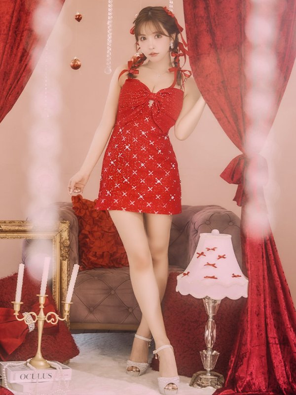 画像24: XSサイズあり【ROBE de FLEURS/ローブドフルール】ビッグリボン/ スパンコール/ ツイード/ キャミソール/ タイト/ ミニドレス/ キャバドレス[OF08] (24)