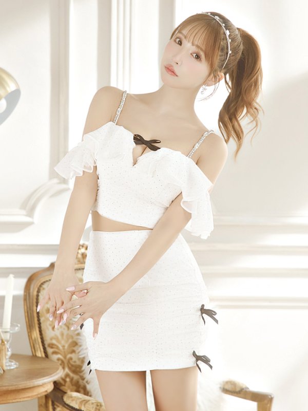 画像2: XSサイズあり【ROBE de FLEURS/ローブドフルール】オフショル/ フリル/ チュール/ ミニリボン/ セットアップ/ タイト/ ミニドレス/ キャバドレス[OF08] (2)