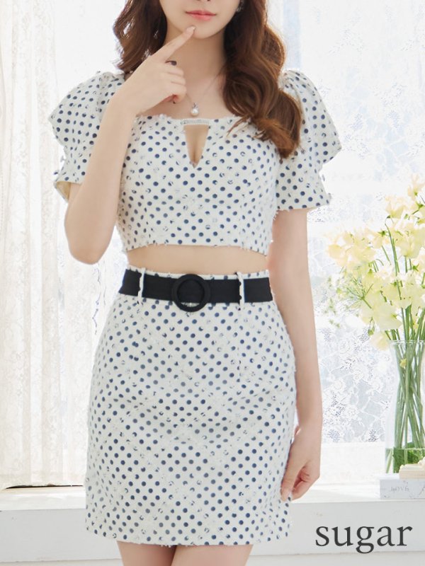 画像8: XSサイズあり【ROBE de FLEURS/ローブドフルール】ベルトデザイン/ パフスリーブ/ ドット/ タイト/ セットアップ/ ミニドレス/ キャバドレス[OF08] (8)