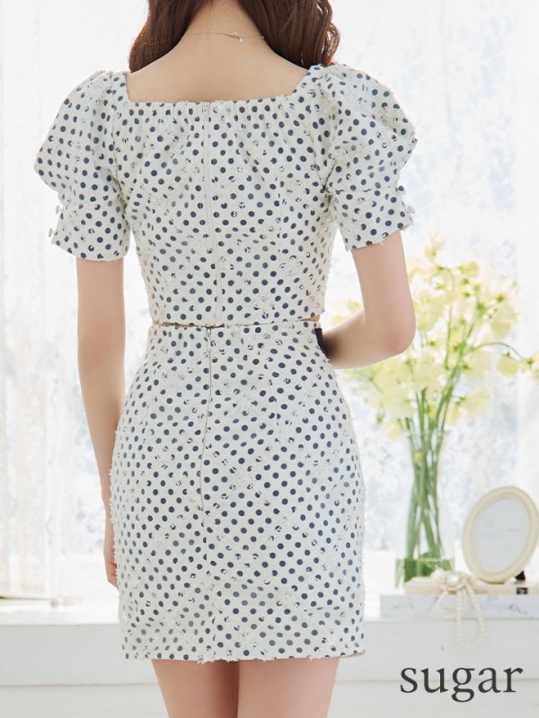 画像9: XSサイズあり【ROBE de FLEURS/ローブドフルール】ベルトデザイン/ パフスリーブ/ ドット/ タイト/ セットアップ/ ミニドレス/ キャバドレス[OF08] (9)