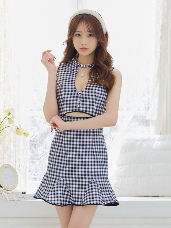画像2: XSサイズあり【ROBE de FLEURS/ローブドフルール】ウエストオープン/ 襟付き/ ギンガムチェック/ ノースリーブ/ 裾フリル/ フレア/ ミニドレス/ キャバドレス[OF08] (2)