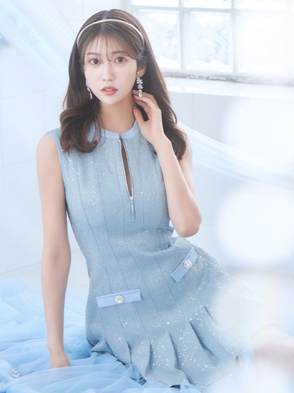 画像4: XSサイズあり【ROBE de FLEURS/ローブドフルール】ノースリーブ/ バストジッパー/ スパンコール/ プリーツ/ フレア/ ミニドレス/ キャバドレス[OF08] (4)