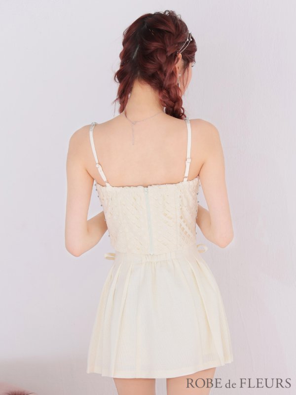 画像9: XSサイズあり【ROBE de FLEURS/ローブドフルール】 セットアップ/ キャミソール/ビジュー/ リボン/ フロントジップ/ ツイード/ フレア/ ミニドレス/ キャバドレス[OF08] (9)