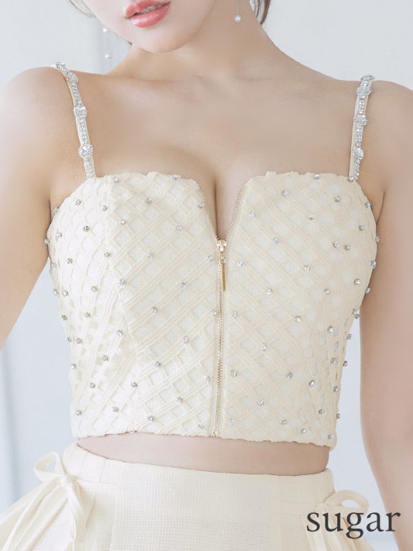 画像11: XSサイズあり【ROBE de FLEURS/ローブドフルール】 セットアップ/ キャミソール/ビジュー/ リボン/ フロントジップ/ ツイード/ フレア/ ミニドレス/ キャバドレス[OF08] (11)