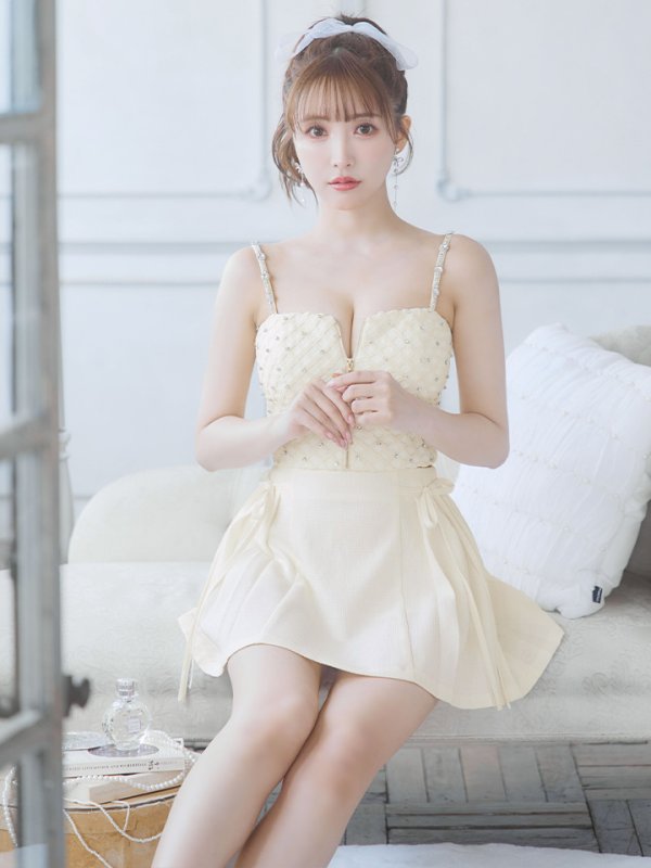 画像6: XSサイズあり【ROBE de FLEURS/ローブドフルール】 セットアップ/ キャミソール/ビジュー/ リボン/ フロントジップ/ ツイード/ フレア/ ミニドレス/ キャバドレス[OF08] (6)