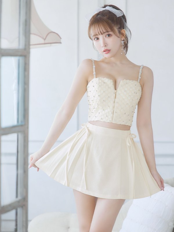 画像7: XSサイズあり【ROBE de FLEURS/ローブドフルール】 セットアップ/ キャミソール/ビジュー/ リボン/ フロントジップ/ ツイード/ フレア/ ミニドレス/ キャバドレス[OF08] (7)