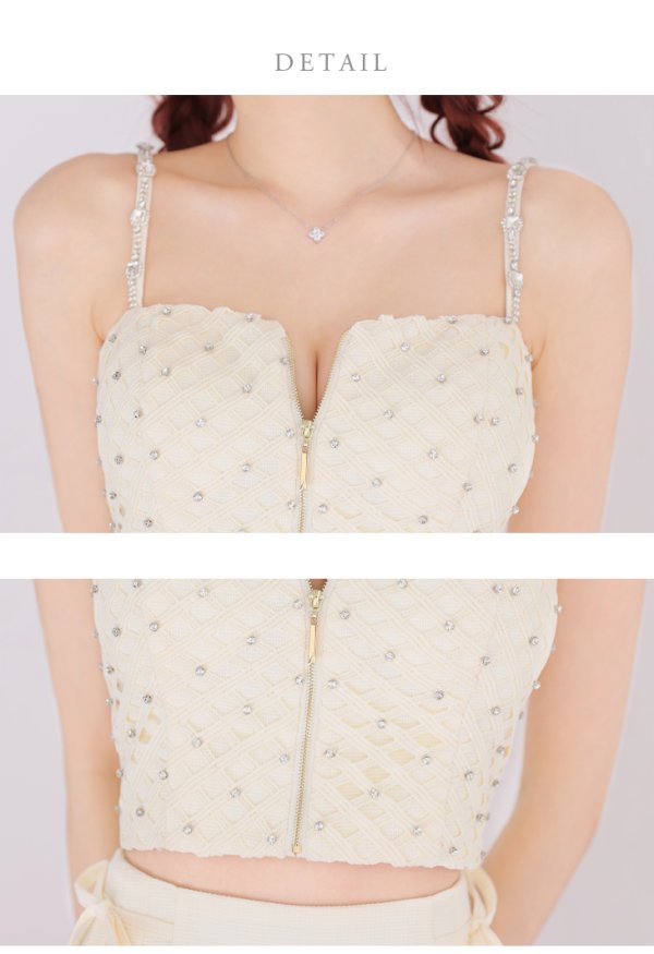 画像13: XSサイズあり【ROBE de FLEURS/ローブドフルール】 セットアップ/ キャミソール/ビジュー/ リボン/ フロントジップ/ ツイード/ フレア/ ミニドレス/ キャバドレス[OF08] (13)