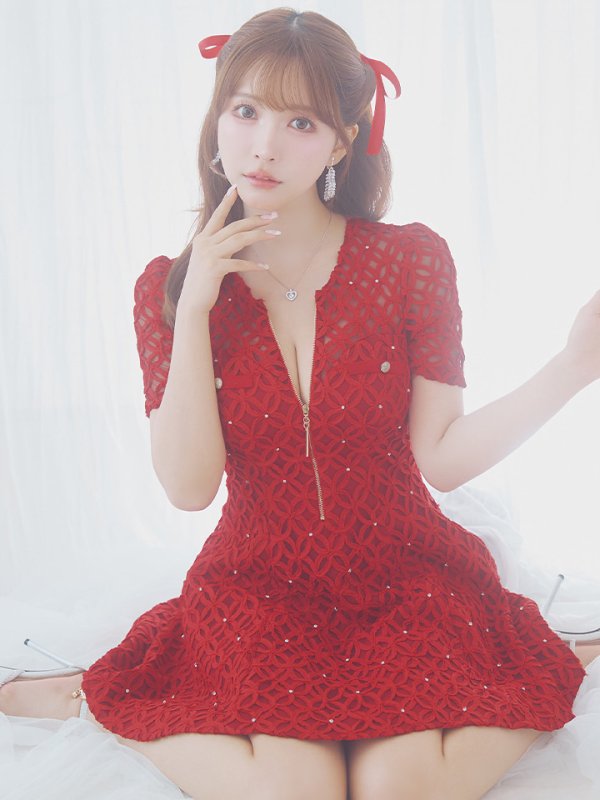 画像31: XSサイズあり【ROBE de FLEURS/ローブドフルール】シースルーレース/ ビジュー/ バストジップ/ 袖あり/ 半袖/ フレア/ ミニドレス/ キャバドレス[OF08] (31)