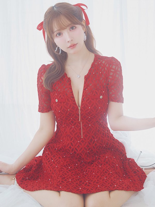 画像32: XSサイズあり【ROBE de FLEURS/ローブドフルール】シースルーレース/ ビジュー/ バストジップ/ 袖あり/ 半袖/ フレア/ ミニドレス/ キャバドレス[OF08] (32)