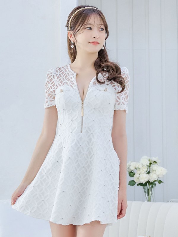 画像10: XSサイズあり【ROBE de FLEURS/ローブドフルール】シースルーレース/ ビジュー/ バストジップ/ 袖あり/ 半袖/ フレア/ ミニドレス/ キャバドレス[OF08] (10)