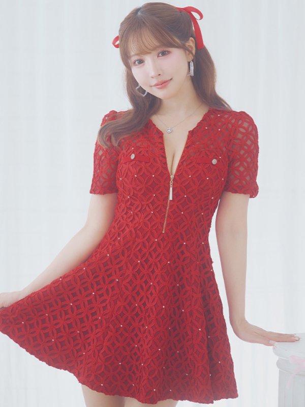 画像33: XSサイズあり【ROBE de FLEURS/ローブドフルール】シースルーレース/ ビジュー/ バストジップ/ 袖あり/ 半袖/ フレア/ ミニドレス/ キャバドレス[OF08] (33)