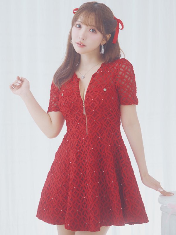 画像34: XSサイズあり【ROBE de FLEURS/ローブドフルール】シースルーレース/ ビジュー/ バストジップ/ 袖あり/ 半袖/ フレア/ ミニドレス/ キャバドレス[OF08] (34)