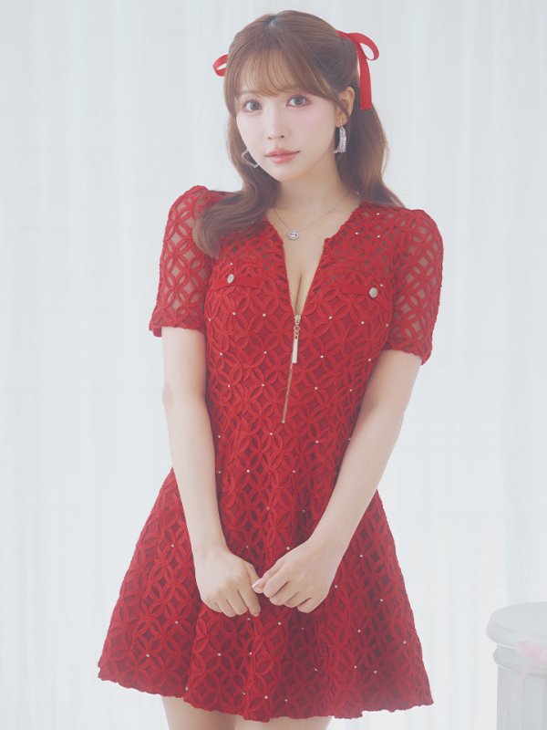 画像35: XSサイズあり【ROBE de FLEURS/ローブドフルール】シースルーレース/ ビジュー/ バストジップ/ 袖あり/ 半袖/ フレア/ ミニドレス/ キャバドレス[OF08] (35)