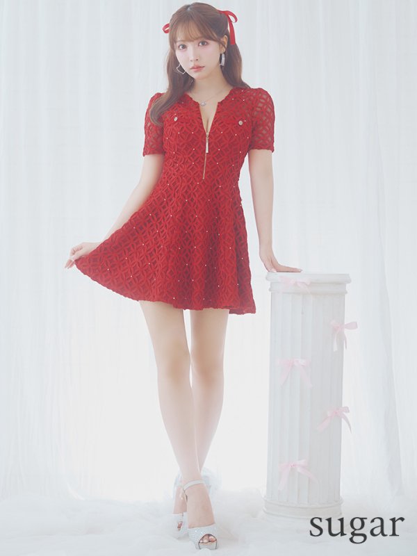 画像36: XSサイズあり【ROBE de FLEURS/ローブドフルール】シースルーレース/ ビジュー/ バストジップ/ 袖あり/ 半袖/ フレア/ ミニドレス/ キャバドレス[OF08] (36)