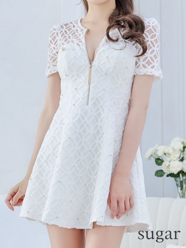 画像14: XSサイズあり【ROBE de FLEURS/ローブドフルール】シースルーレース/ ビジュー/ バストジップ/ 袖あり/ 半袖/ フレア/ ミニドレス/ キャバドレス[OF08] (14)