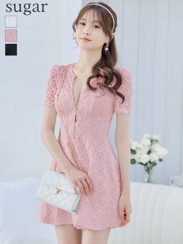 XSサイズあり【ROBE de FLEURS/ローブドフルール】シースルーレース/ ビジュー/ バストジップ/ 袖あり/ 半袖/ フレア/  ミニドレス/ キャバドレス[OF2]【一部予約商品/5月中旬発送予定】 - キャバドレス専門店 sugar (シュガー)