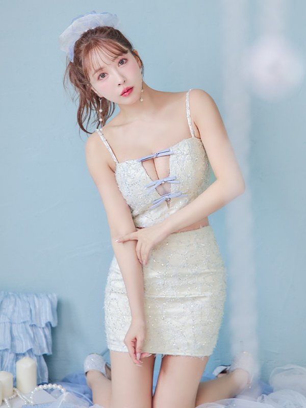 画像2: XSサイズあり【ROBE de FLEURS/ローブドフルール】フェザーレース/ ミニリボン/ セットアップ/ タイト/ ミニドレス/ キャバドレス[OF08] (2)