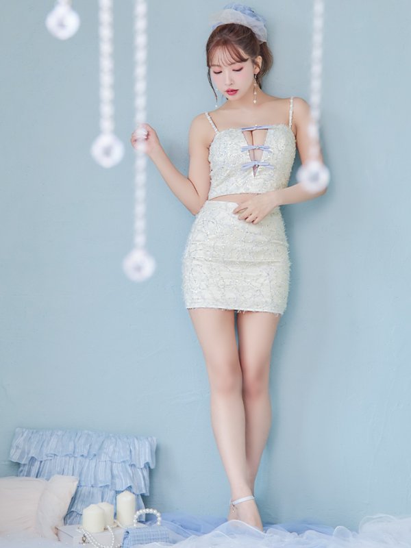 画像6: XSサイズあり【ROBE de FLEURS/ローブドフルール】フェザーレース/ ミニリボン/ セットアップ/ タイト/ ミニドレス/ キャバドレス[OF08] (6)