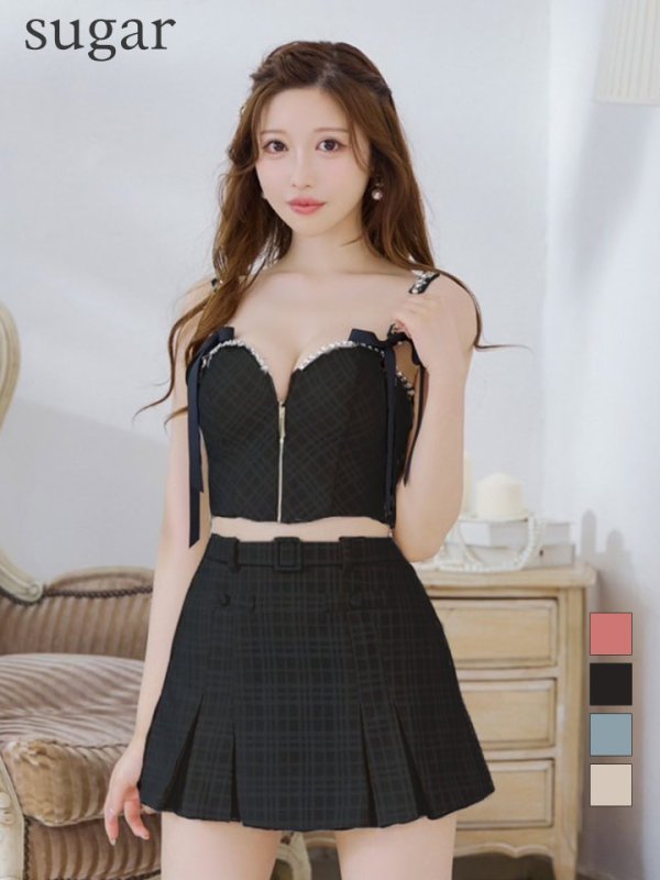 画像25: XSサイズあり【ROBE de FLEURS/ローブドフルール】スエードリボン/ チェックツイード/ ベルトデザイン/ フレア/ セットアップ/ ミニドレス/ キャバドレス[OF08] (25)