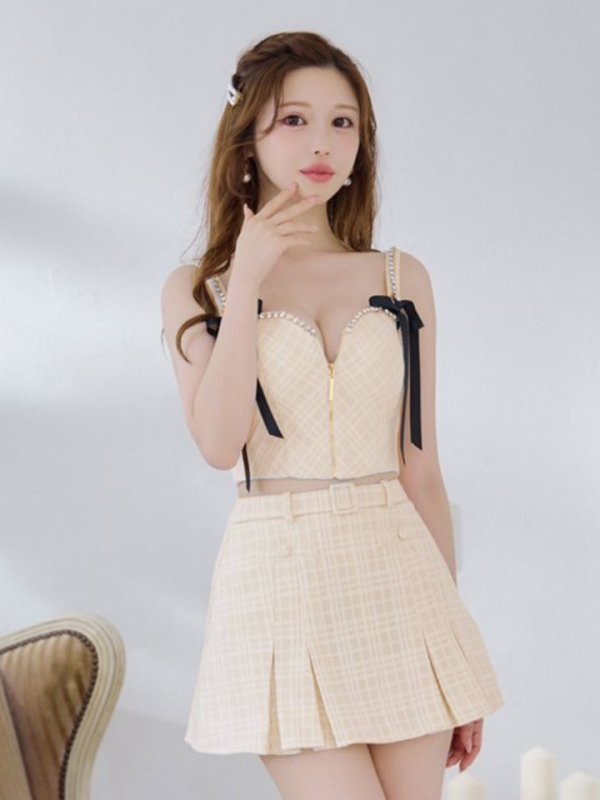 画像9: XSサイズあり【ROBE de FLEURS/ローブドフルール】スエードリボン/ チェックツイード/ ベルトデザイン/ フレア/ セットアップ/ ミニドレス/ キャバドレス[OF08] (9)