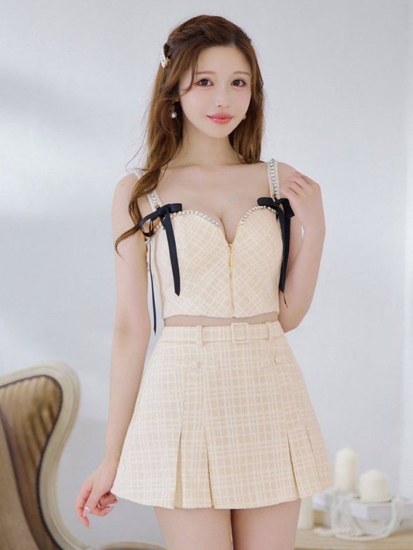 画像10: XSサイズあり【ROBE de FLEURS/ローブドフルール】スエードリボン/ チェックツイード/ ベルトデザイン/ フレア/ セットアップ/ ミニドレス/ キャバドレス[OF08] (10)