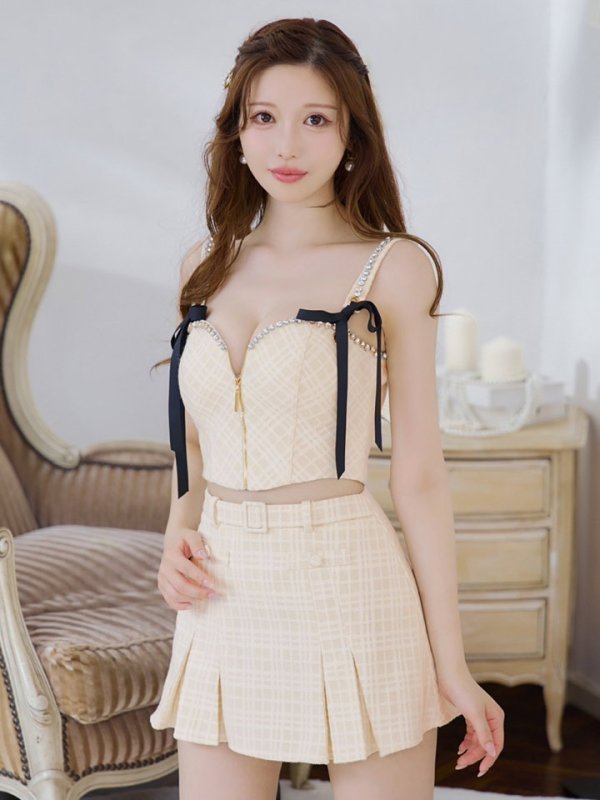 画像12: XSサイズあり【ROBE de FLEURS/ローブドフルール】スエードリボン/ チェックツイード/ ベルトデザイン/ フレア/ セットアップ/ ミニドレス/ キャバドレス[OF08] (12)