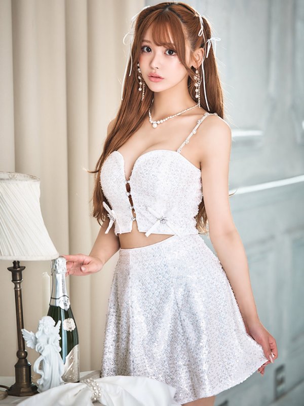 画像9: 【みな/関西コレクション着用】sugarコラボカラー・XSサイズあり【ROBE de FLEURS/ローブドフルール】サイドミニリボン/ スパンコール/ グロウ/ セットアップ/ フレア/ ミニドレス/ キャバドレス[OF08] (9)