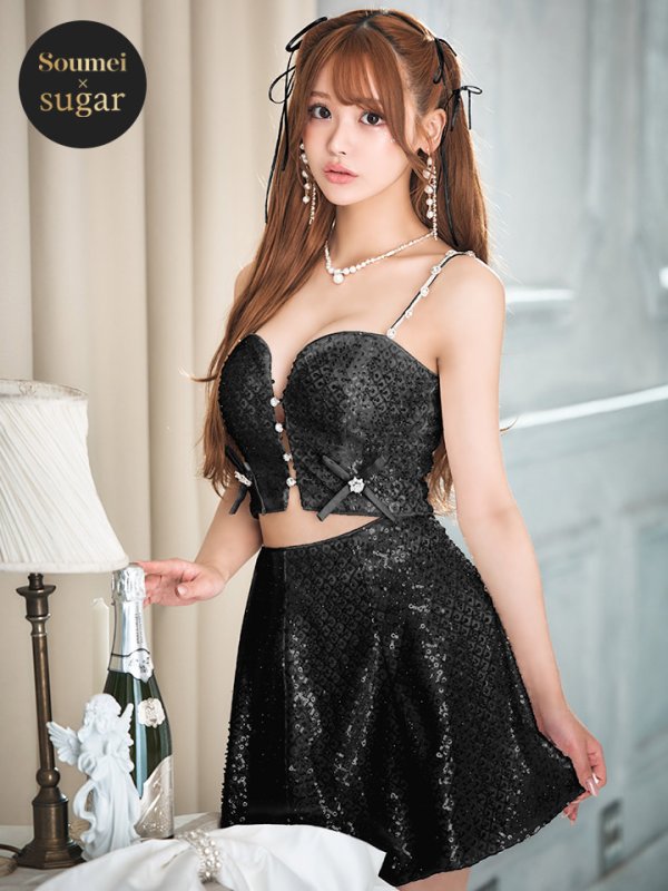 画像2: 【みな/関西コレクション着用】sugarコラボカラー・XSサイズあり【ROBE de FLEURS/ローブドフルール】サイドミニリボン/ スパンコール/ グロウ/ セットアップ/ フレア/ ミニドレス/ キャバドレス[OF08] (2)