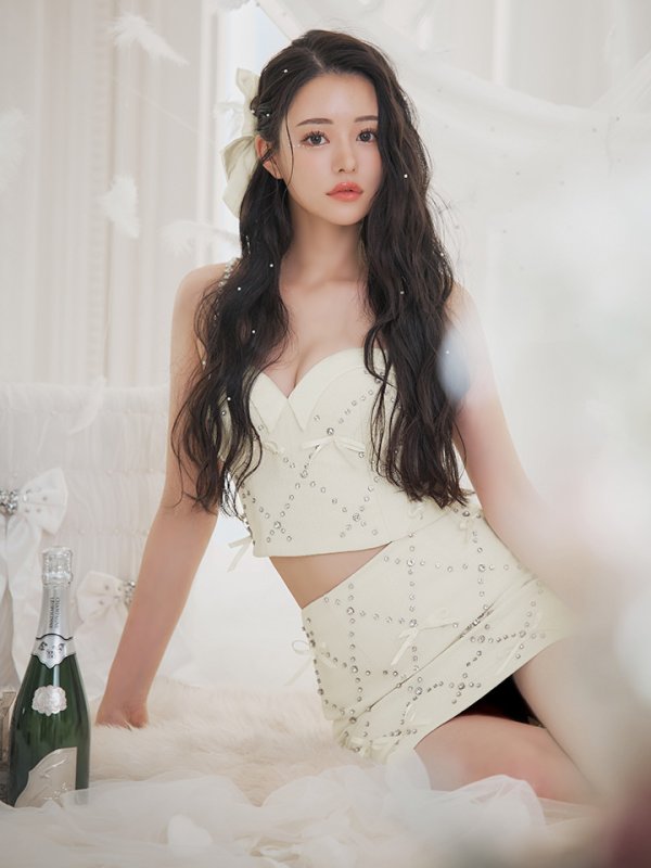 画像15: 【るな/関西コレクション着用】XSサイズあり【ROBE de FLEURS/ローブドフルール】サテンリボン/ ビジュー/ ガーリー/ セットアップ/ タイト/ ミニドレス/ キャバドレス[OF08] (15)