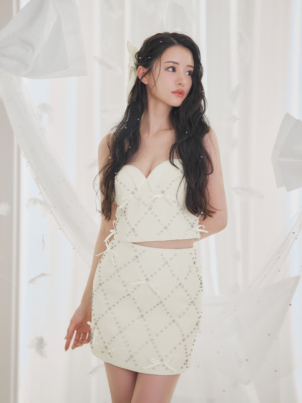 画像19: 【るな/関西コレクション着用】XSサイズあり【ROBE de FLEURS/ローブドフルール】サテンリボン/ ビジュー/ ガーリー/ セットアップ/ タイト/ ミニドレス/ キャバドレス[OF08] (19)