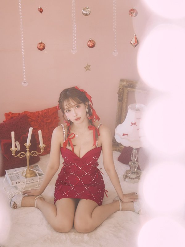 画像2: XSサイズあり【ROBE de FLEURS/ローブドフルール】サテンリボン/ ビジュー/ ガーリー/ セットアップ/ タイト/ ミニドレス/ キャバドレス[OF08] (2)