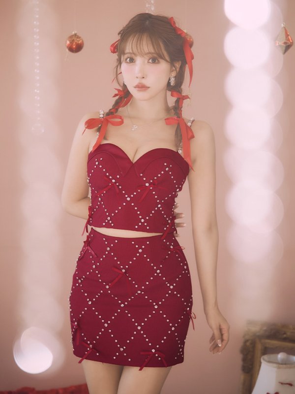 画像6: XSサイズあり【ROBE de FLEURS/ローブドフルール】サテンリボン/ ビジュー/ ガーリー/ セットアップ/ タイト/ ミニドレス/ キャバドレス[OF08] (6)