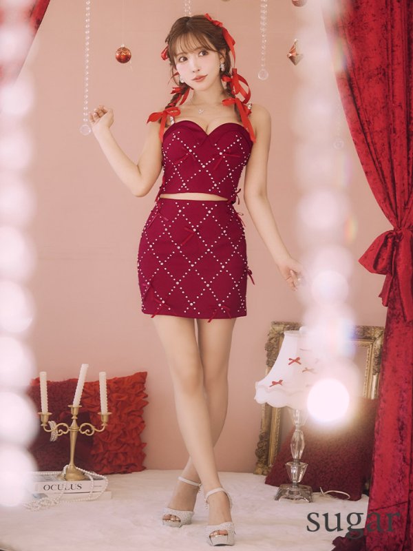 画像7: XSサイズあり【ROBE de FLEURS/ローブドフルール】サテンリボン/ ビジュー/ ガーリー/ セットアップ/ タイト/ ミニドレス/ キャバドレス[OF08] (7)