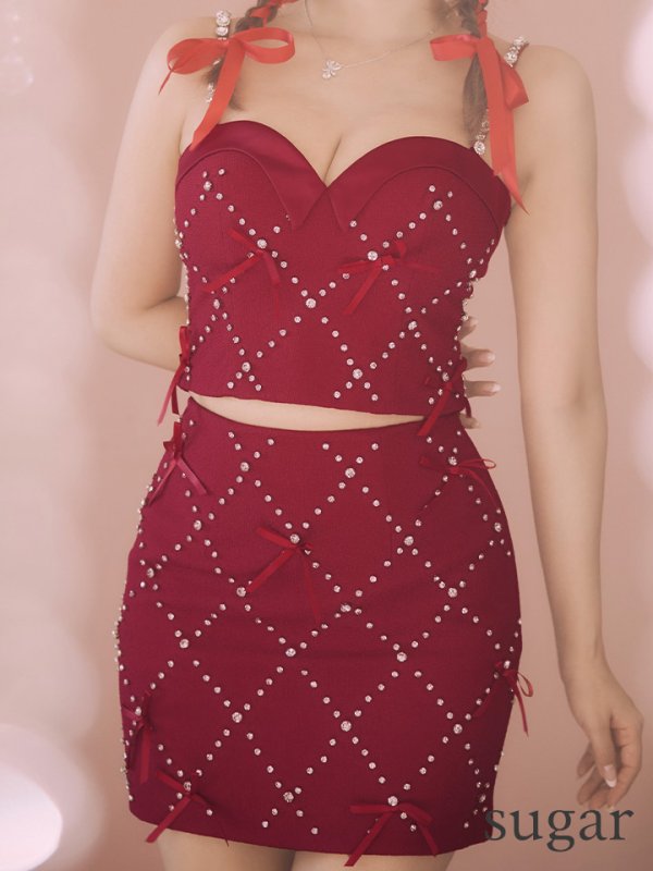 画像8: XSサイズあり【ROBE de FLEURS/ローブドフルール】サテンリボン/ ビジュー/ ガーリー/ セットアップ/ タイト/ ミニドレス/ キャバドレス[OF08] (8)