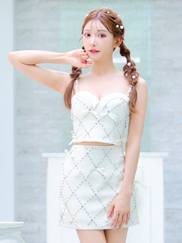 画像10: XSサイズあり【ROBE de FLEURS/ローブドフルール】サテンリボン/ ビジュー/ ガーリー/ セットアップ/ タイト/ ミニドレス/ キャバドレス[OF08] (10)