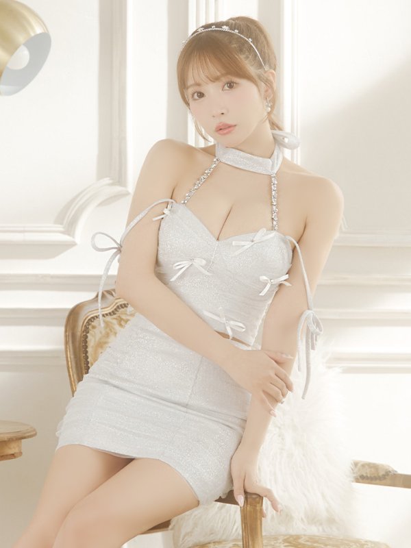 画像2: XSサイズあり【ROBE de FLEURS/ローブドフルール】バレエコア/ ミニリボン/ ラメチュール/ セットアップ/ タイト/ ミニドレス/ キャバドレス[OF08] (2)