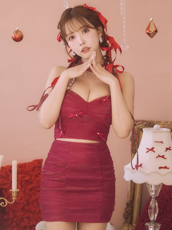 画像2: XSサイズあり【ROBE de FLEURS/ローブドフルール】ホルターネック/ リボン/ ラメ/ セットアップ/ タイト/ ミニドレス/ キャバドレス[OF08] (2)