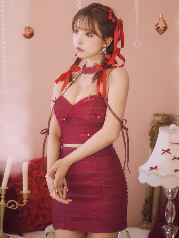 画像3: XSサイズあり【ROBE de FLEURS/ローブドフルール】ホルターネック/ リボン/ ラメ/ セットアップ/ タイト/ ミニドレス/ キャバドレス[OF08] (3)