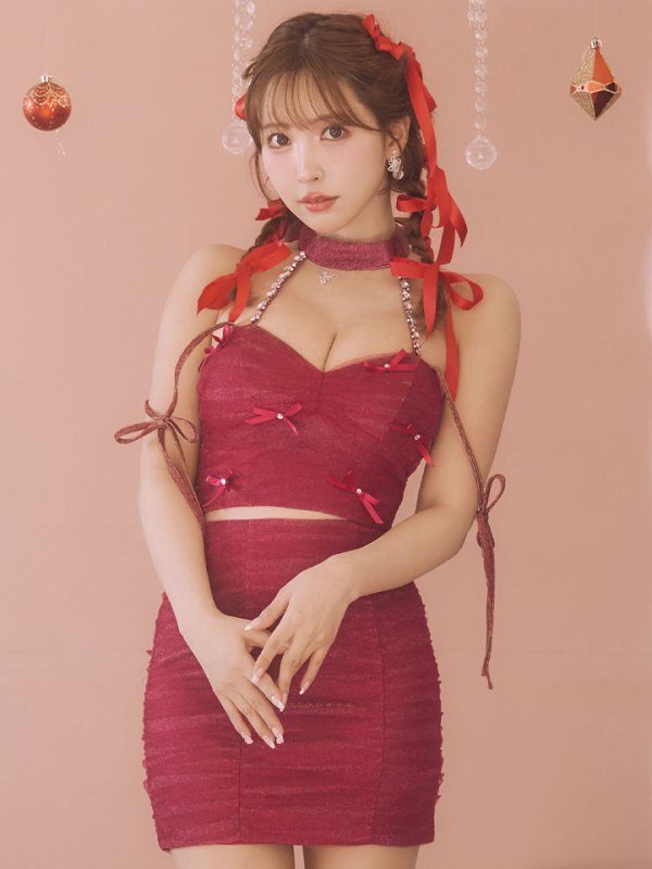 画像4: XSサイズあり【ROBE de FLEURS/ローブドフルール】ホルターネック/ リボン/ ラメ/ セットアップ/ タイト/ ミニドレス/ キャバドレス[OF08] (4)