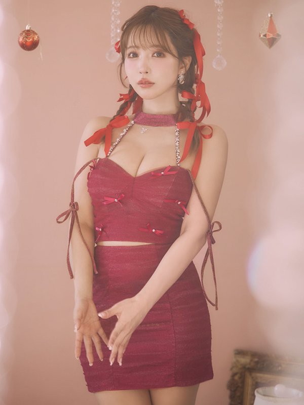 画像5: XSサイズあり【ROBE de FLEURS/ローブドフルール】ホルターネック/ リボン/ ラメ/ セットアップ/ タイト/ ミニドレス/ キャバドレス[OF08] (5)