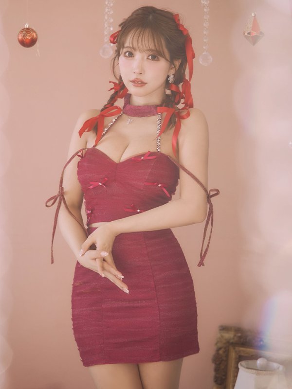 画像6: XSサイズあり【ROBE de FLEURS/ローブドフルール】ホルターネック/ リボン/ ラメ/ セットアップ/ タイト/ ミニドレス/ キャバドレス[OF08] (6)