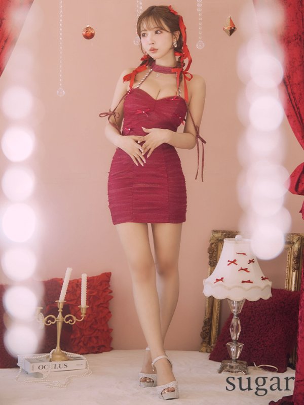 画像7: XSサイズあり【ROBE de FLEURS/ローブドフルール】ホルターネック/ リボン/ ラメ/ セットアップ/ タイト/ ミニドレス/ キャバドレス[OF08] (7)