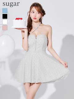 リ【ROBE de FLEURS/ローブドフルール】ビジュー/ ホルター/ ラメニット/ フレア/ ミニドレス/ キャバドレス