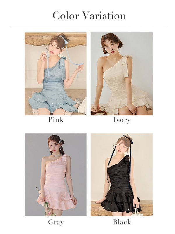 画像45: 【羽澄まり/関西コレクション着用】XSサイズあり【ROBE de FLEURS/ローブドフルール】サテン/ ワンショルダー/ リボン/ ティアード/ 2段フリル/ フレア/ ミニドレス/ キャバドレス[OF08] (45)