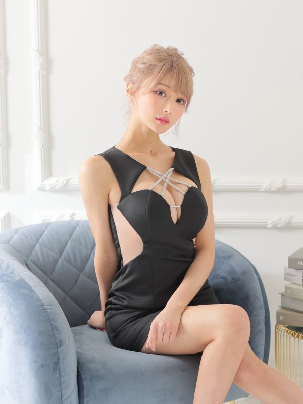 画像14: XS-Lサイズあり【Glossy/グロッシー】クロスビジュー/ ストレッチ/ カットアウト/ サイドシアー/ タイト/ ミニドレス/ キャバドレス【OF08】 (14)