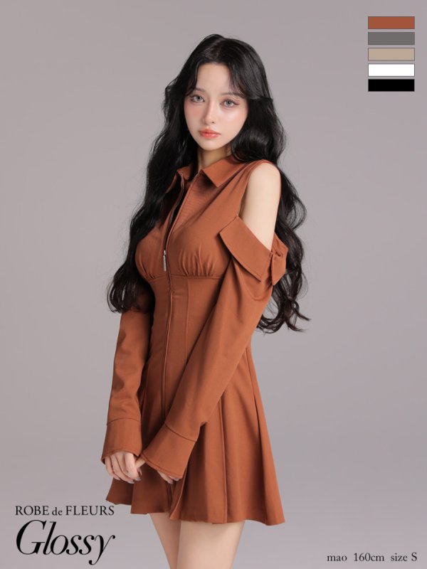 画像1: XSサイズあり【Glossy/グロッシー】オフショルダー/ カットデザイン/ フレア/ ミニドレス/ キャバドレス[OF08] (1)