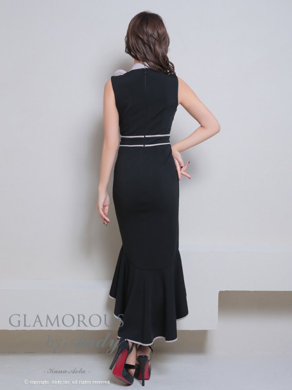 画像12: XSサイズあり【Andy GLAMOROUS/アンディグラマラス】バイカラー/ ネックリボン/ 裾フリル/ フロントジップ/ テールカット/ ミディアムドレス/ キャバドレス[OF05] (12)